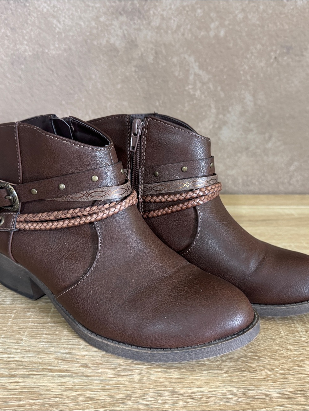 Jelly Pop Chocolate Brown Ankle Booties with Braided Strap Boho Western Boots
